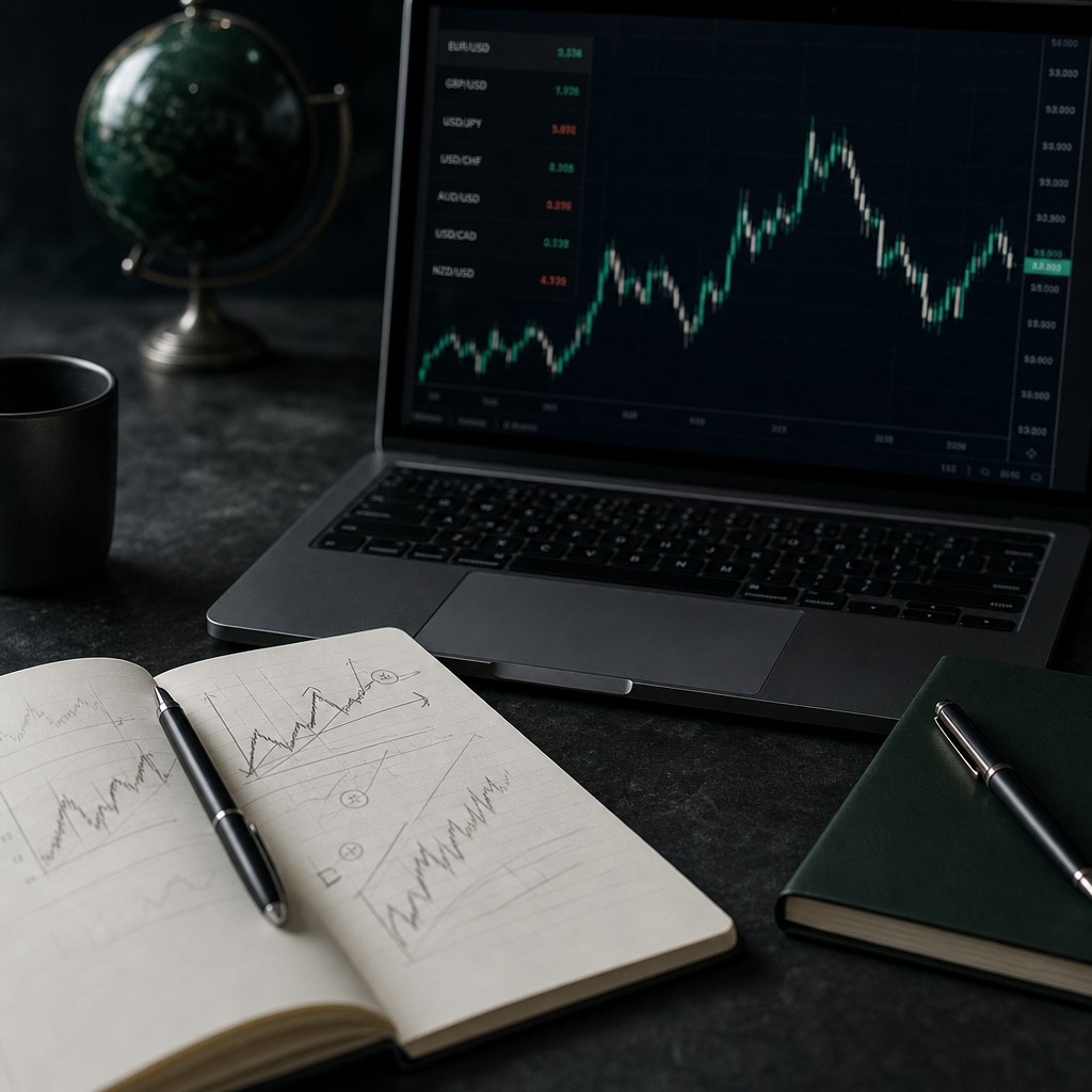 Open notebook with chart sketches beside a laptop showing currency pairs