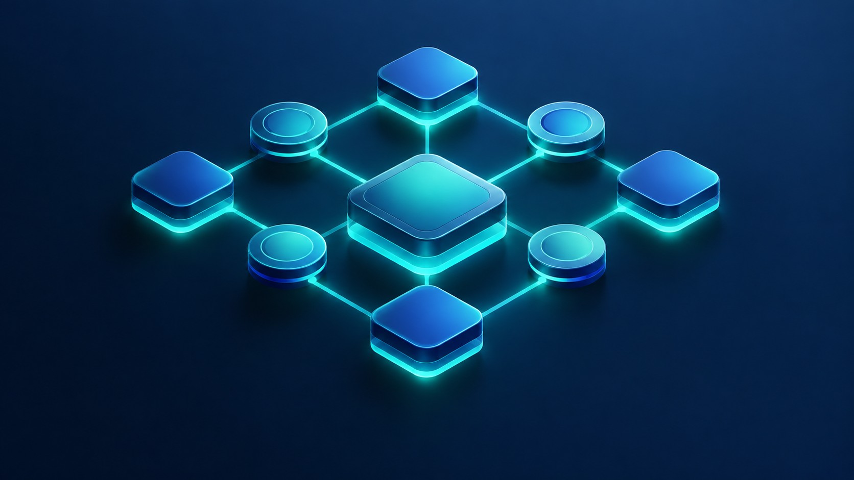 Interlocking glowing geometric tokens forming a decentralized network