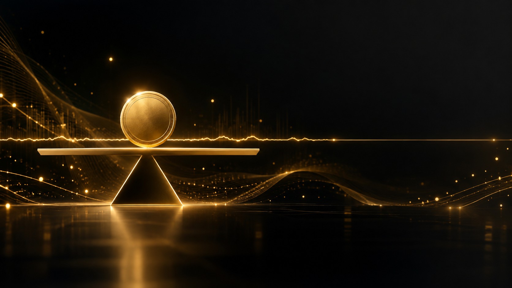 Coin resting perfectly level on a balance beam with a flat price line
