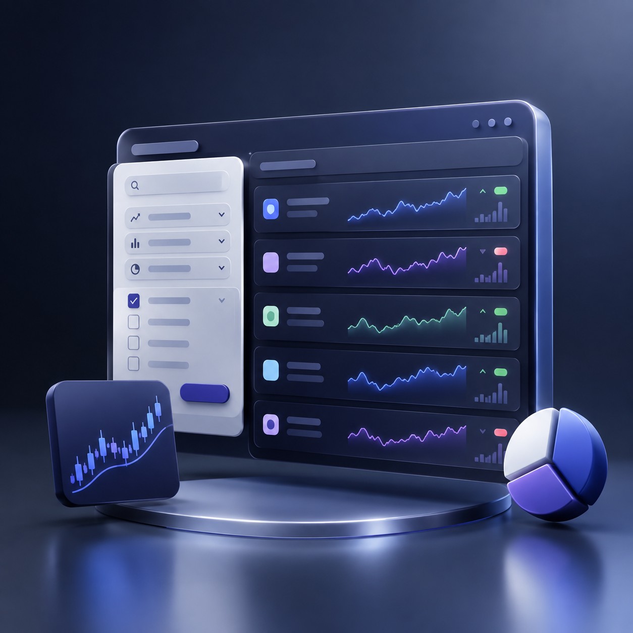 Sleek dashboard with filter panels and a list of stock charts